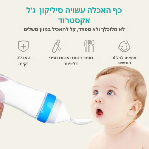 "תמונה של תינוק מביט בהתלהבות בכפית האכלה עשויה סיליקון ג'ל עם בקבוק מובנה. הכיתוב מציין שמדובר בכפית סיליקון אקסטרוד, קלה לשימוש, נקייה ולא נוזלת, מתאימה מגיל 6 חודשים. סמלים ויזואליים מדגישים יתרונות כמו ניקיון, חומר בטוח וקלות האכלה."


